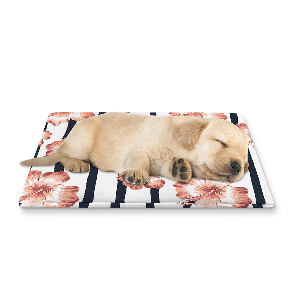 Pink Hibiscus Striped Pattern Print Pet Cooling Mat Cover