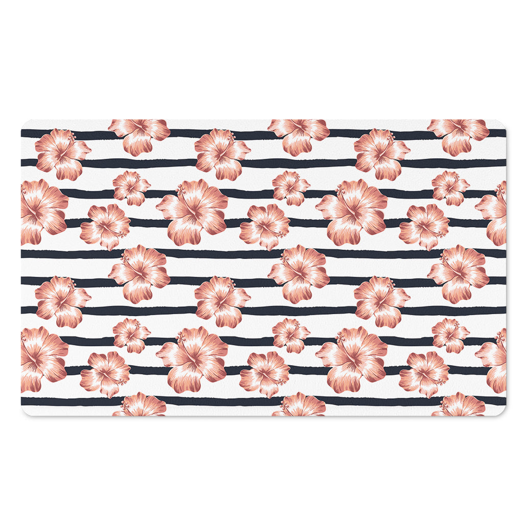 Pink Hibiscus Striped Pattern Print Polyester Doormat