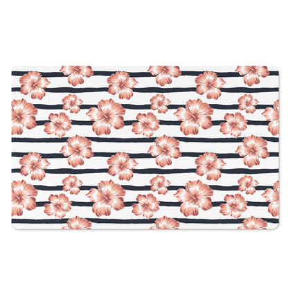 Pink Hibiscus Striped Pattern Print Polyester Doormat