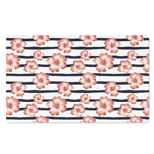 Pink Hibiscus Striped Pattern Print Polyester Doormat