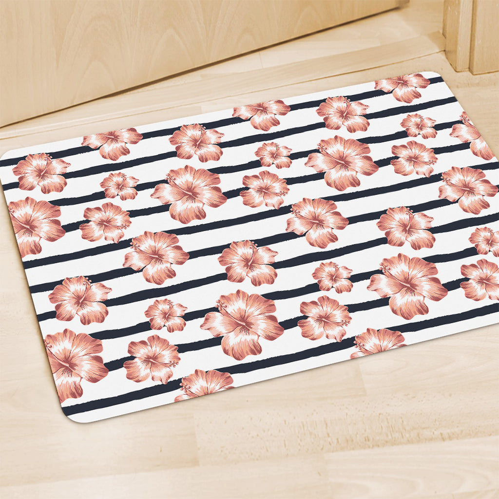 Pink Hibiscus Striped Pattern Print Polyester Doormat