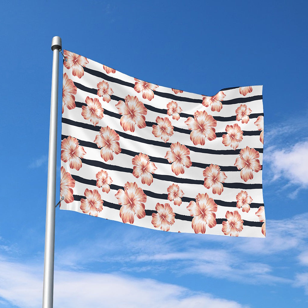 Pink Hibiscus Striped Pattern Print Polyester Flag