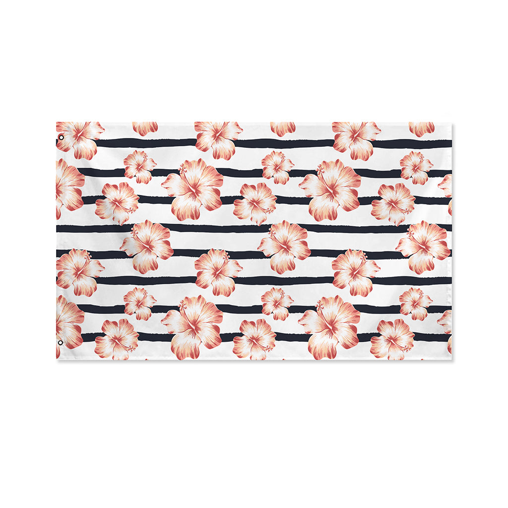 Pink Hibiscus Striped Pattern Print Polyester Flag