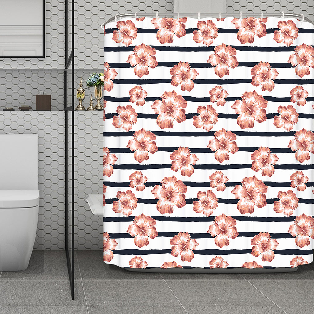 Pink Hibiscus Striped Pattern Print Polyester Shower Curtain
