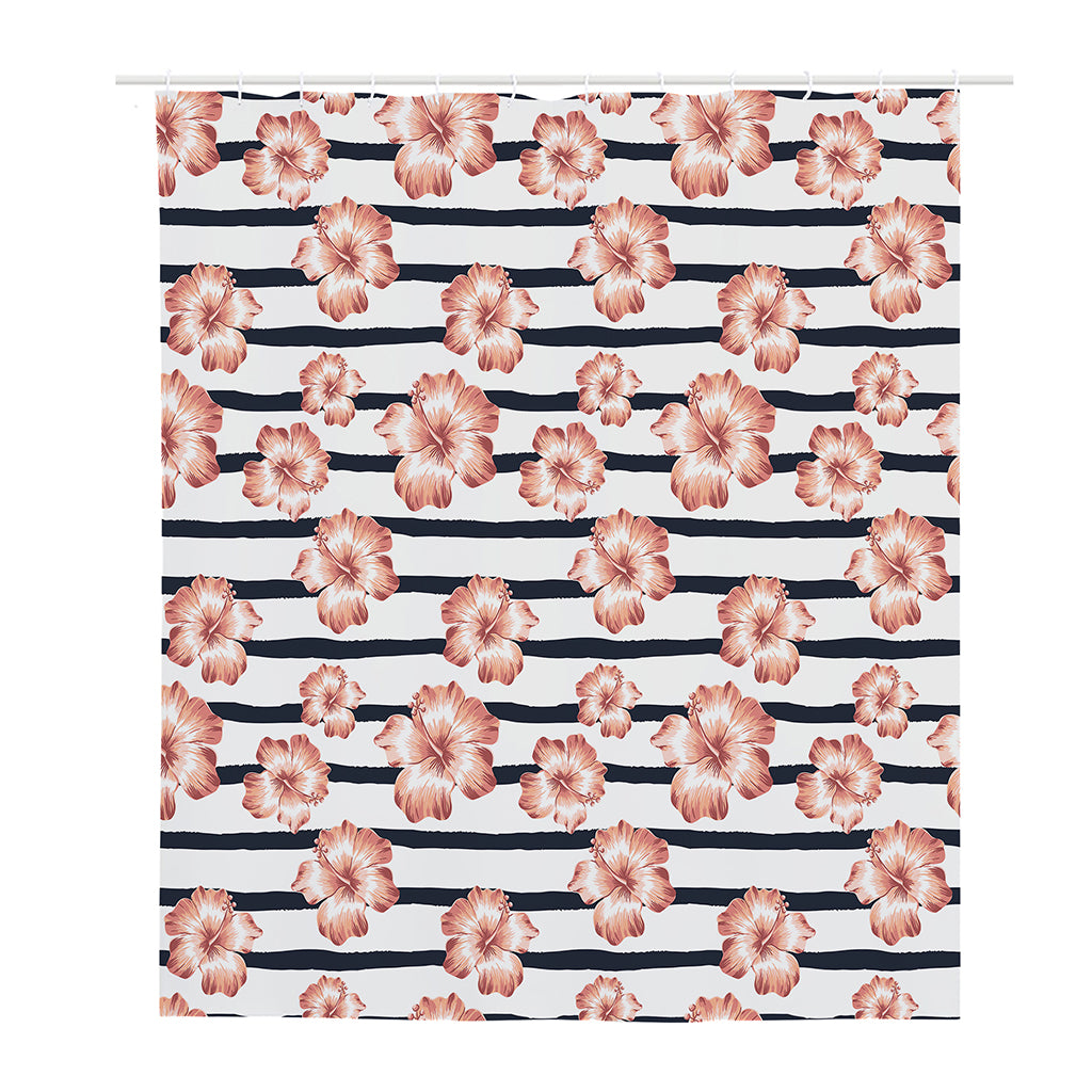 Pink Hibiscus Striped Pattern Print Polyester Shower Curtain