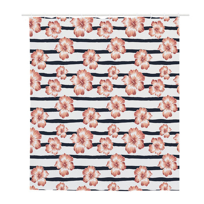 Pink Hibiscus Striped Pattern Print Polyester Shower Curtain