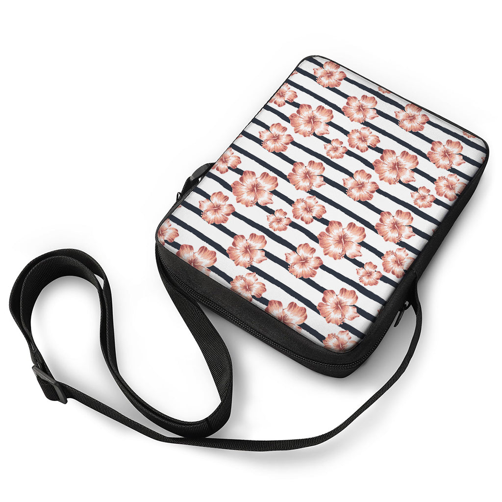 Pink Hibiscus Striped Pattern Print Rectangular Crossbody Bag