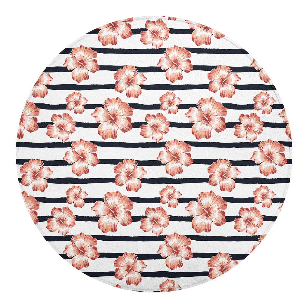 Pink Hibiscus Striped Pattern Print Round Blanket