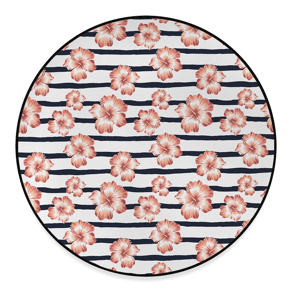 Pink Hibiscus Striped Pattern Print Round Floor Mat