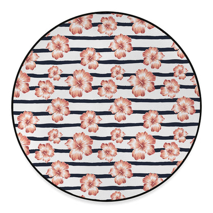 Pink Hibiscus Striped Pattern Print Round Floor Mat