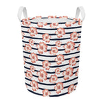Pink Hibiscus Striped Pattern Print Round Laundry Basket