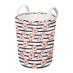Pink Hibiscus Striped Pattern Print Round Laundry Basket