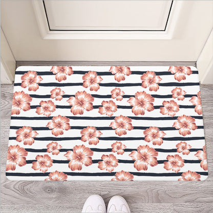 Pink Hibiscus Striped Pattern Print Rubber Doormat