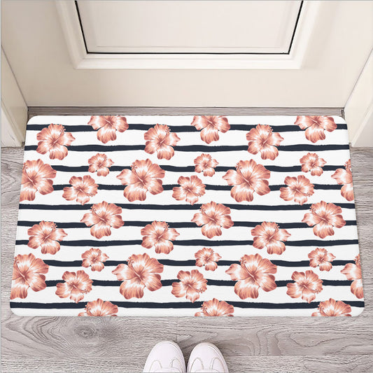 Pink Hibiscus Striped Pattern Print Rubber Doormat