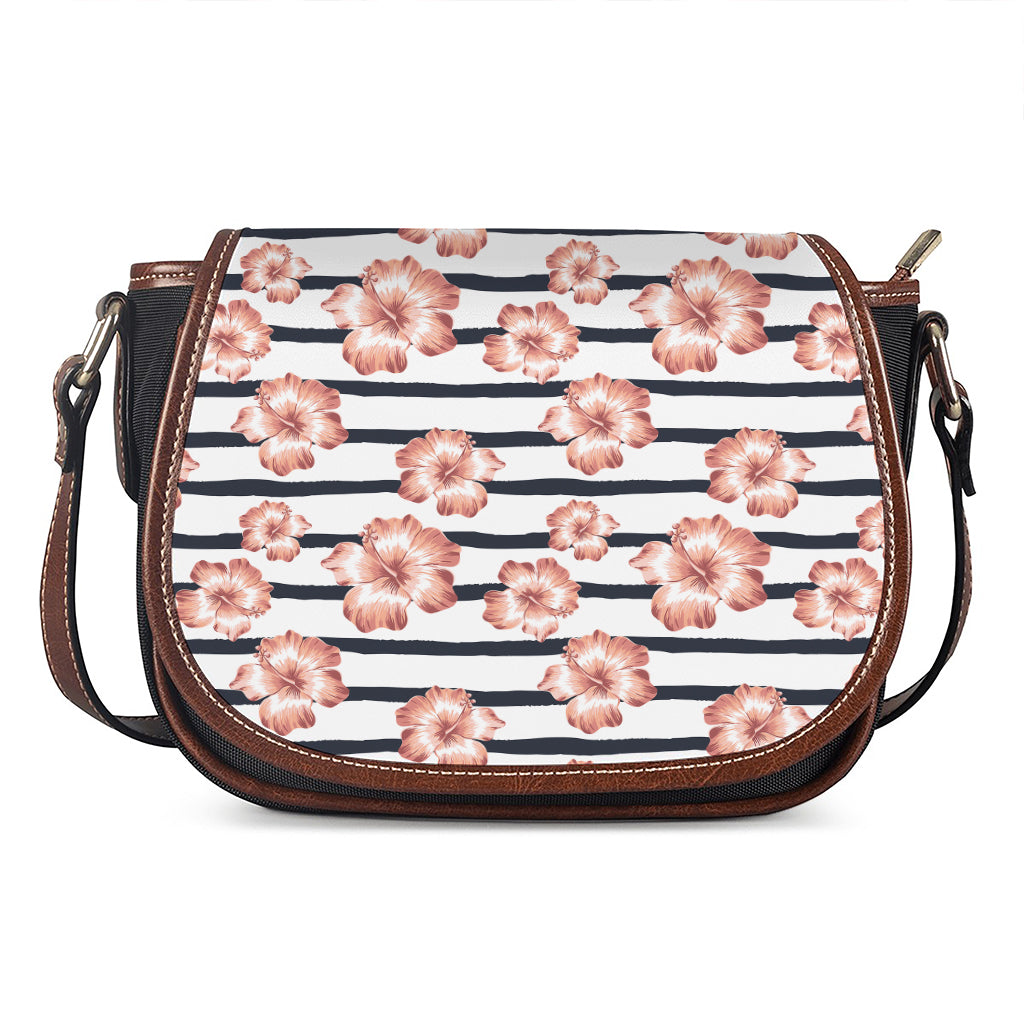Pink Hibiscus Striped Pattern Print Saddle Bag