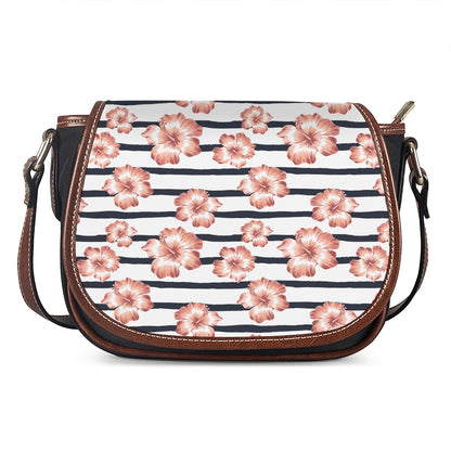 Pink Hibiscus Striped Pattern Print Saddle Bag