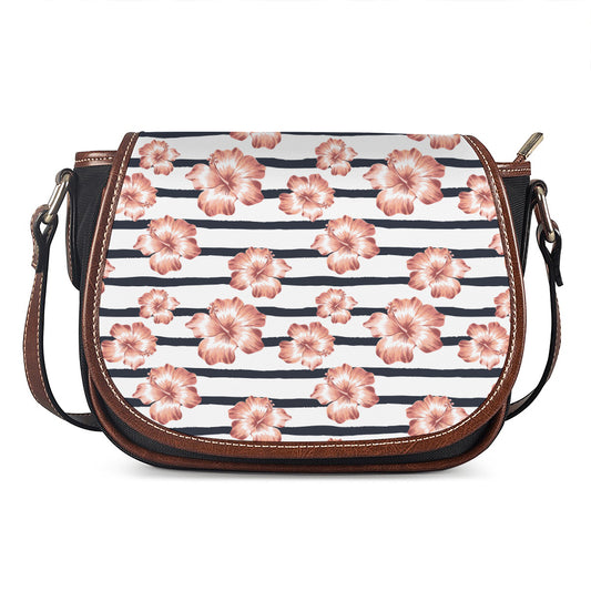 Pink Hibiscus Striped Pattern Print Saddle Bag
