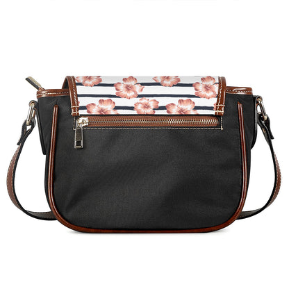 Pink Hibiscus Striped Pattern Print Saddle Bag