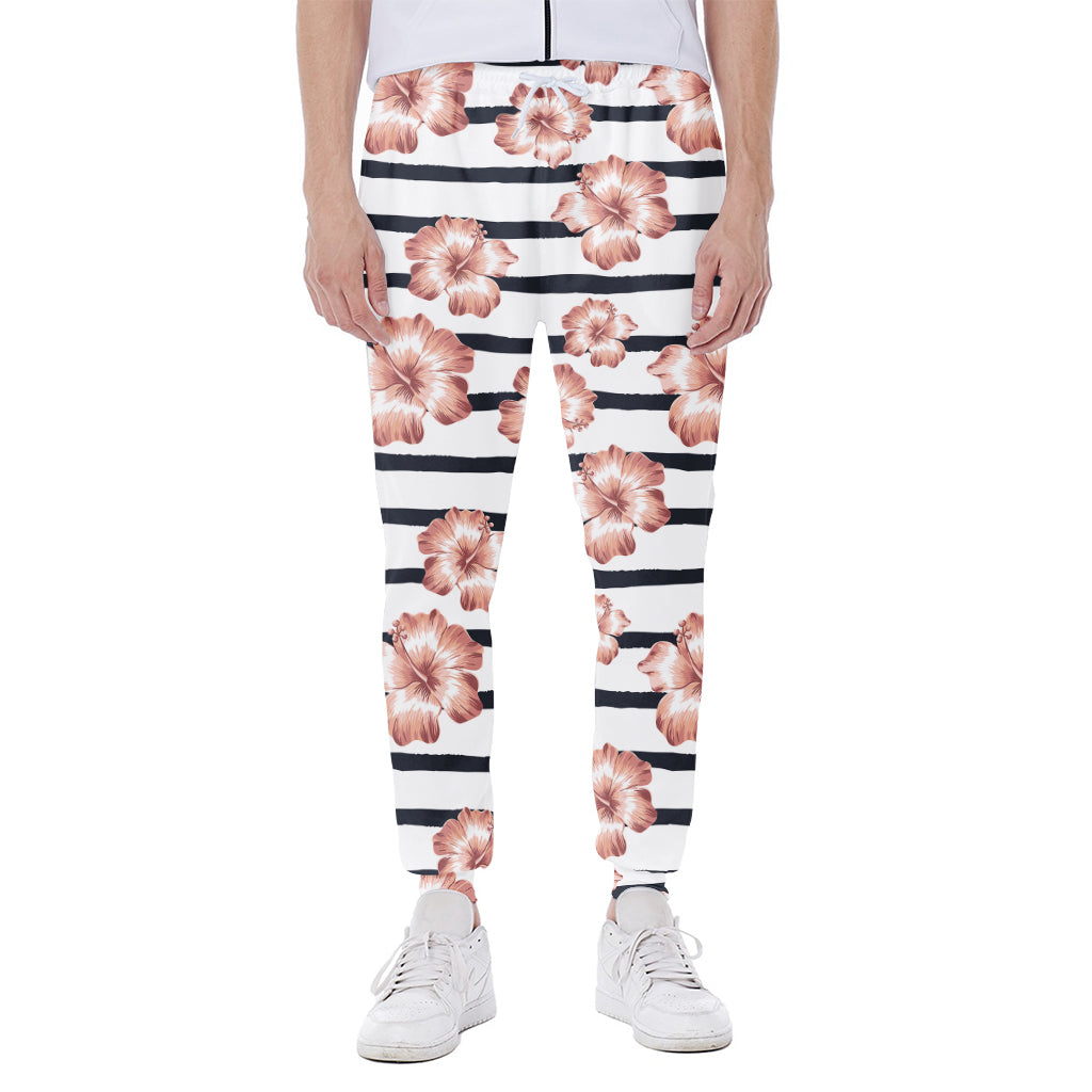 Pink Hibiscus Striped Pattern Print Scuba Joggers