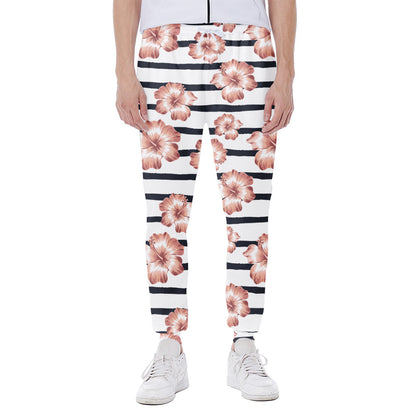 Pink Hibiscus Striped Pattern Print Scuba Joggers