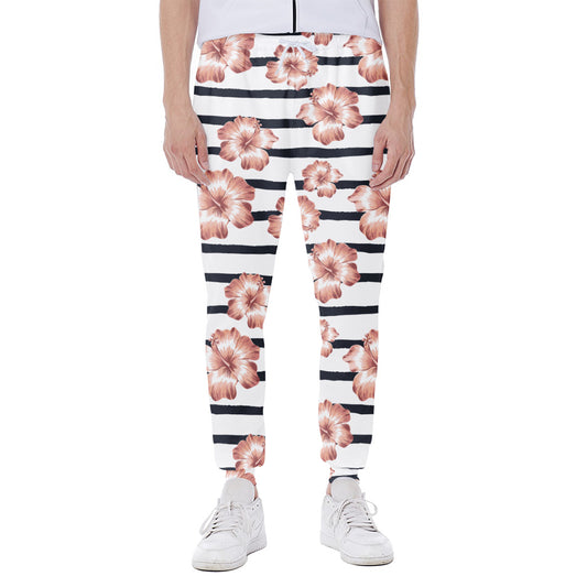 Pink Hibiscus Striped Pattern Print Scuba Joggers