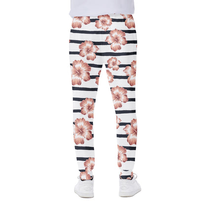 Pink Hibiscus Striped Pattern Print Scuba Joggers