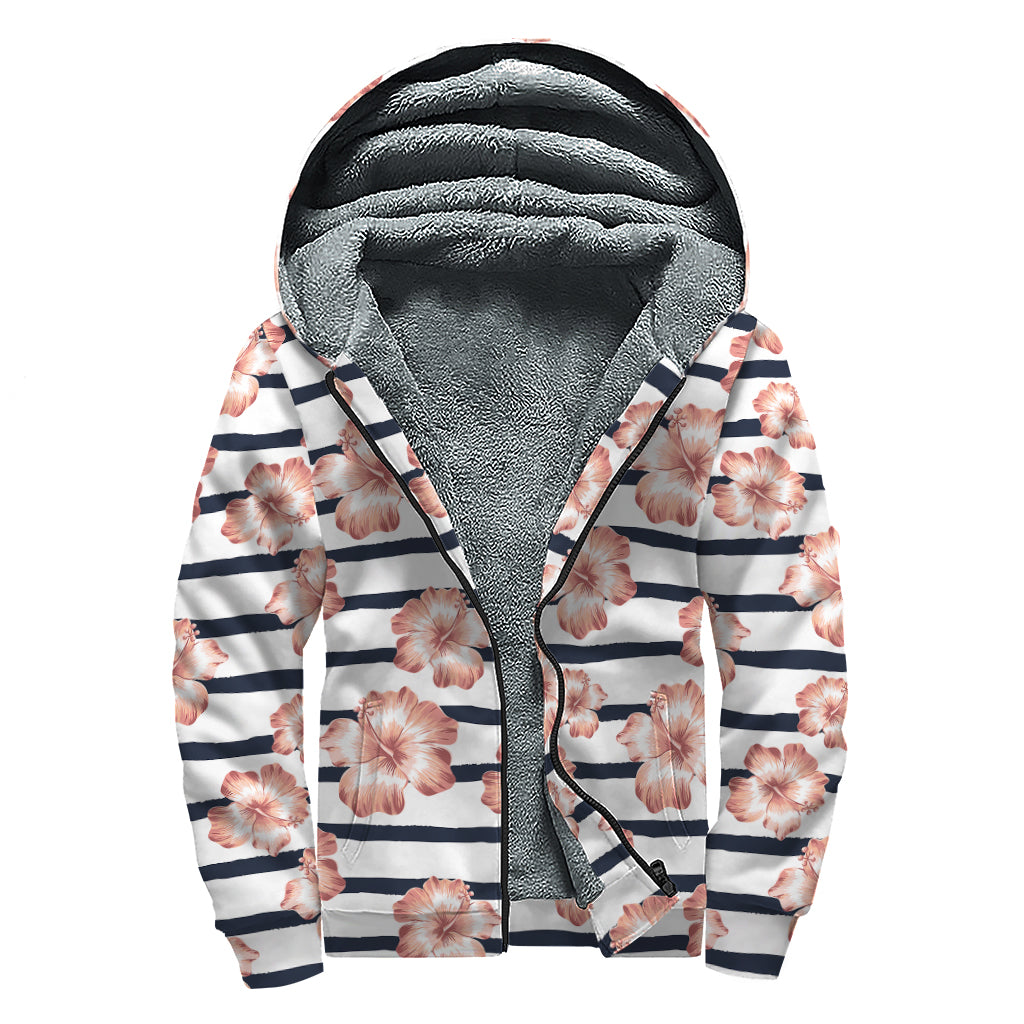 Pink Hibiscus Striped Pattern Print Sherpa Lined Zip Up Hoodie