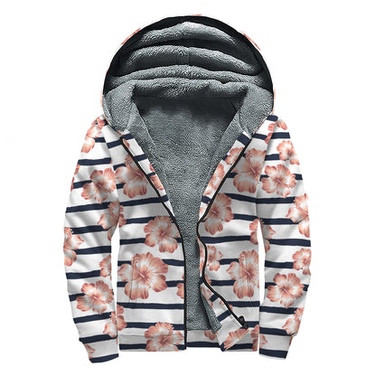 Pink Hibiscus Striped Pattern Print Sherpa Lined Zip Up Hoodie