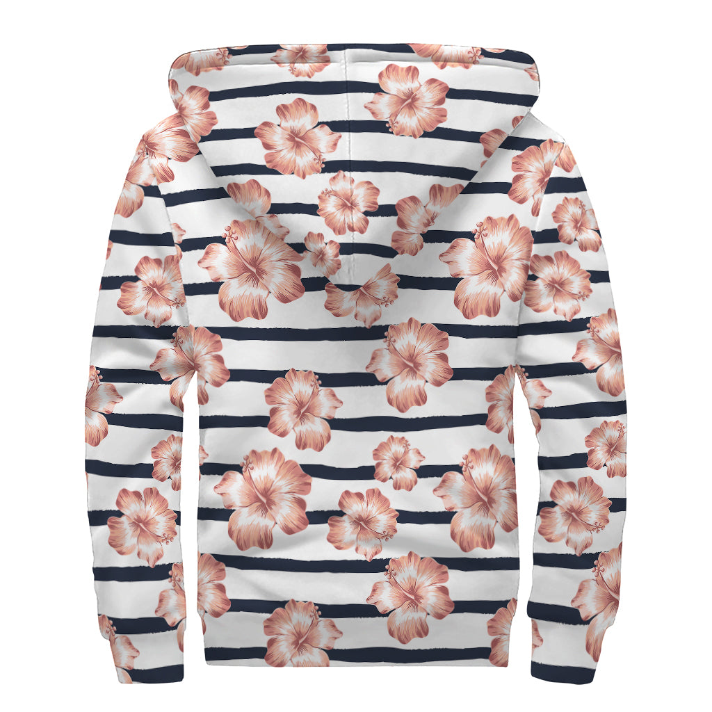 Pink Hibiscus Striped Pattern Print Sherpa Lined Zip Up Hoodie