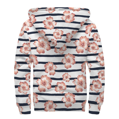 Pink Hibiscus Striped Pattern Print Sherpa Lined Zip Up Hoodie