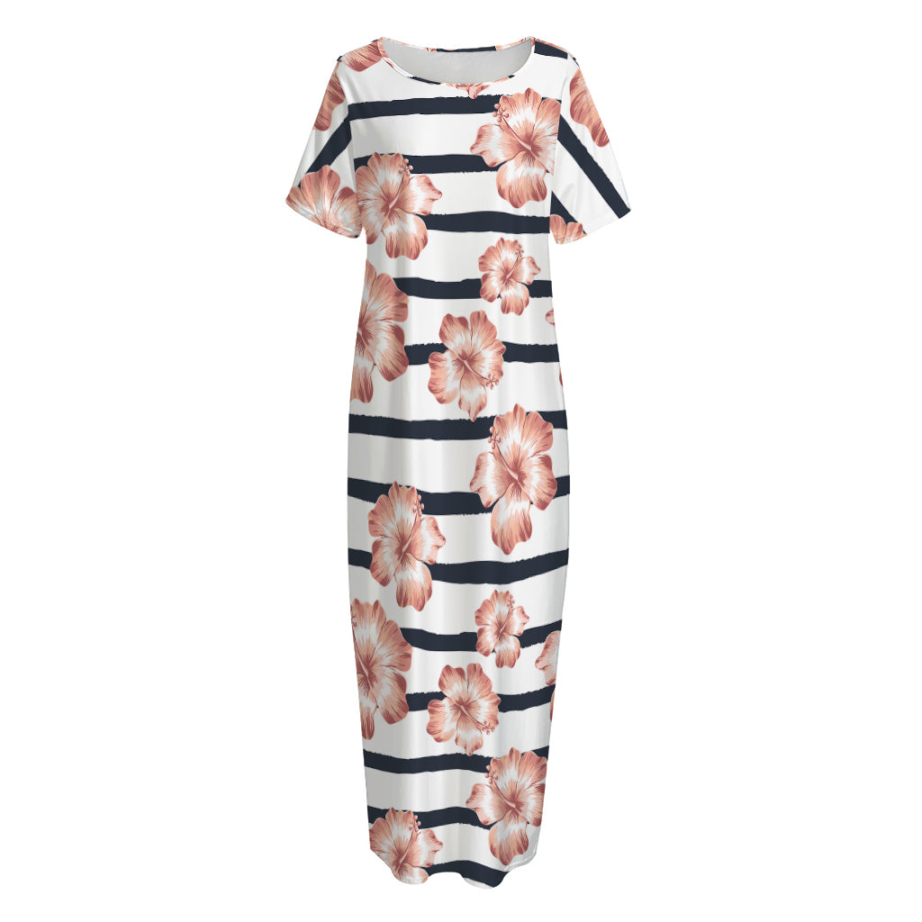 Pink Hibiscus Striped Pattern Print Short Sleeve Long Nightdress