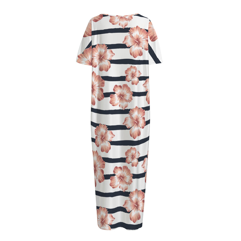 Pink Hibiscus Striped Pattern Print Short Sleeve Long Nightdress