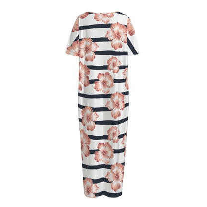 Pink Hibiscus Striped Pattern Print Short Sleeve Long Nightdress