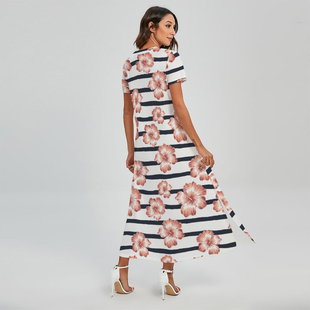 Pink Hibiscus Striped Pattern Print Short Sleeve Maxi Dress