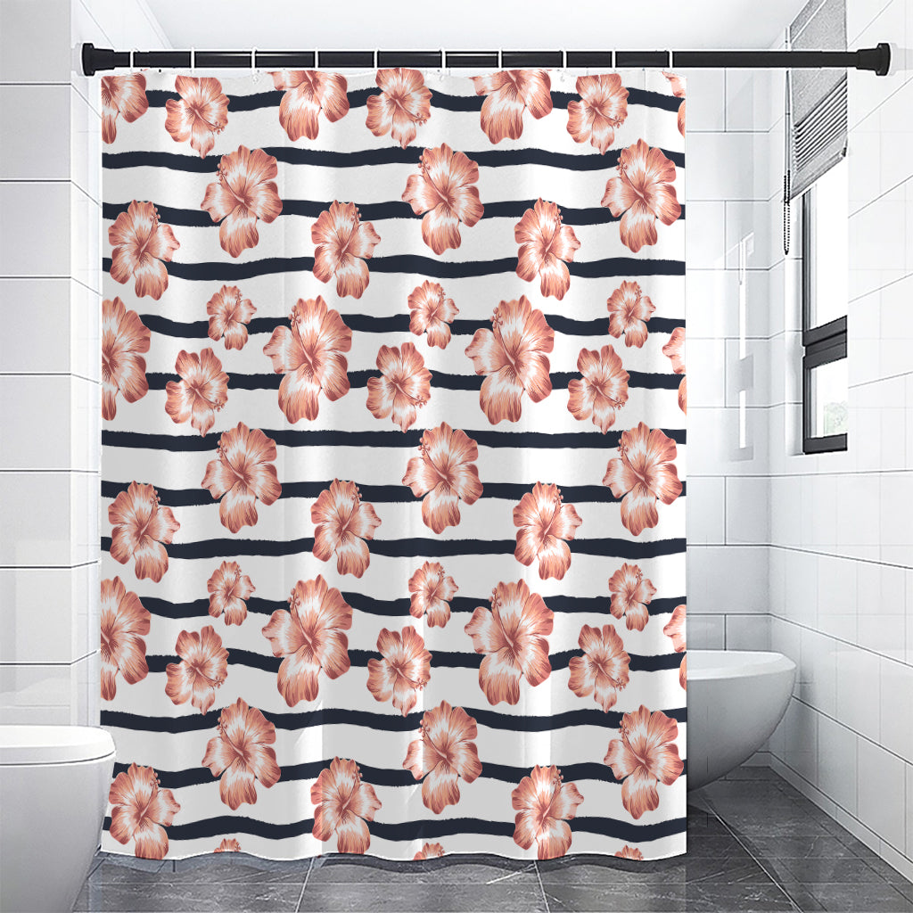 Pink Hibiscus Striped Pattern Print Shower Curtain