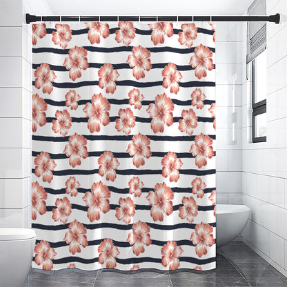 Pink Hibiscus Striped Pattern Print Shower Curtain