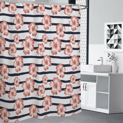 Pink Hibiscus Striped Pattern Print Shower Curtain