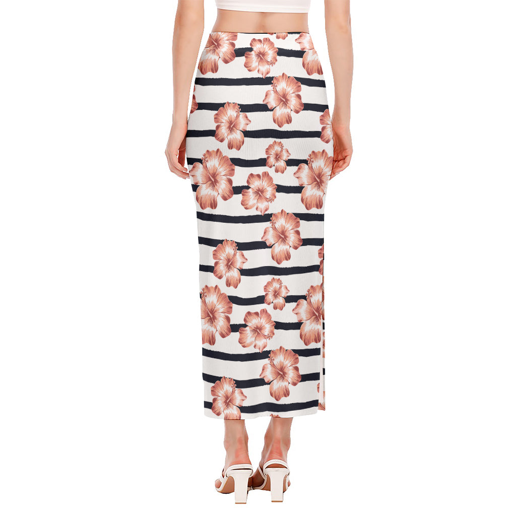 Pink Hibiscus Striped Pattern Print Side Slit Maxi Skirt