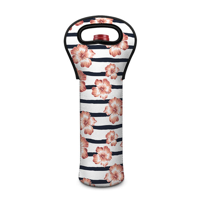 Pink Hibiscus Striped Pattern Print Single Neoprene Wine Tote