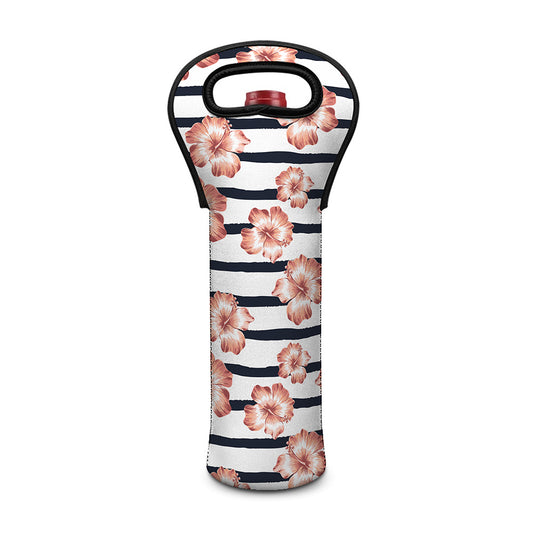 Pink Hibiscus Striped Pattern Print Single Neoprene Wine Tote
