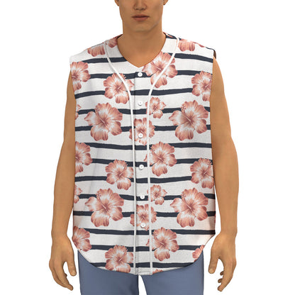 Pink Hibiscus Striped Pattern Print Sleeveless Baseball Jersey