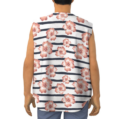 Pink Hibiscus Striped Pattern Print Sleeveless Baseball Jersey