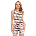 Pink Hibiscus Striped Pattern Print Sleeveless One Piece Swimsuit