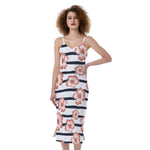 Pink Hibiscus Striped Pattern Print Slim Fit Midi Cami Dress