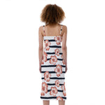 Pink Hibiscus Striped Pattern Print Slim Fit Midi Cami Dress