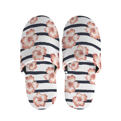 Pink Hibiscus Striped Pattern Print Slippers