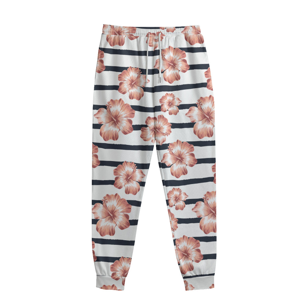 Pink Hibiscus Striped Pattern Print Sweatpants