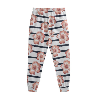 Pink Hibiscus Striped Pattern Print Sweatpants
