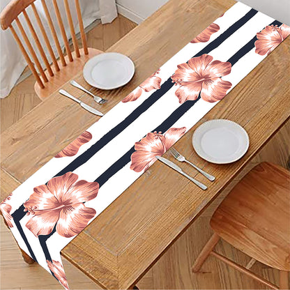 Pink Hibiscus Striped Pattern Print Table Runner
