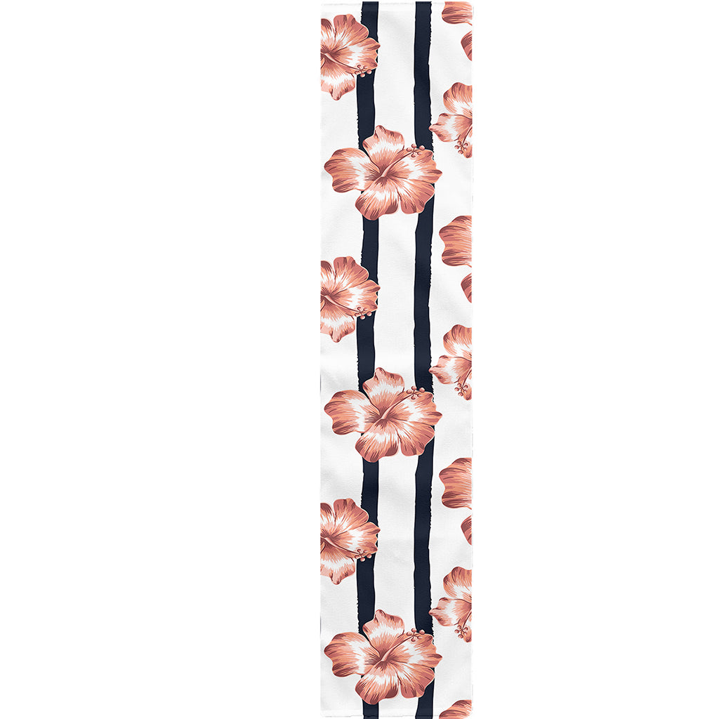 Pink Hibiscus Striped Pattern Print Table Runner